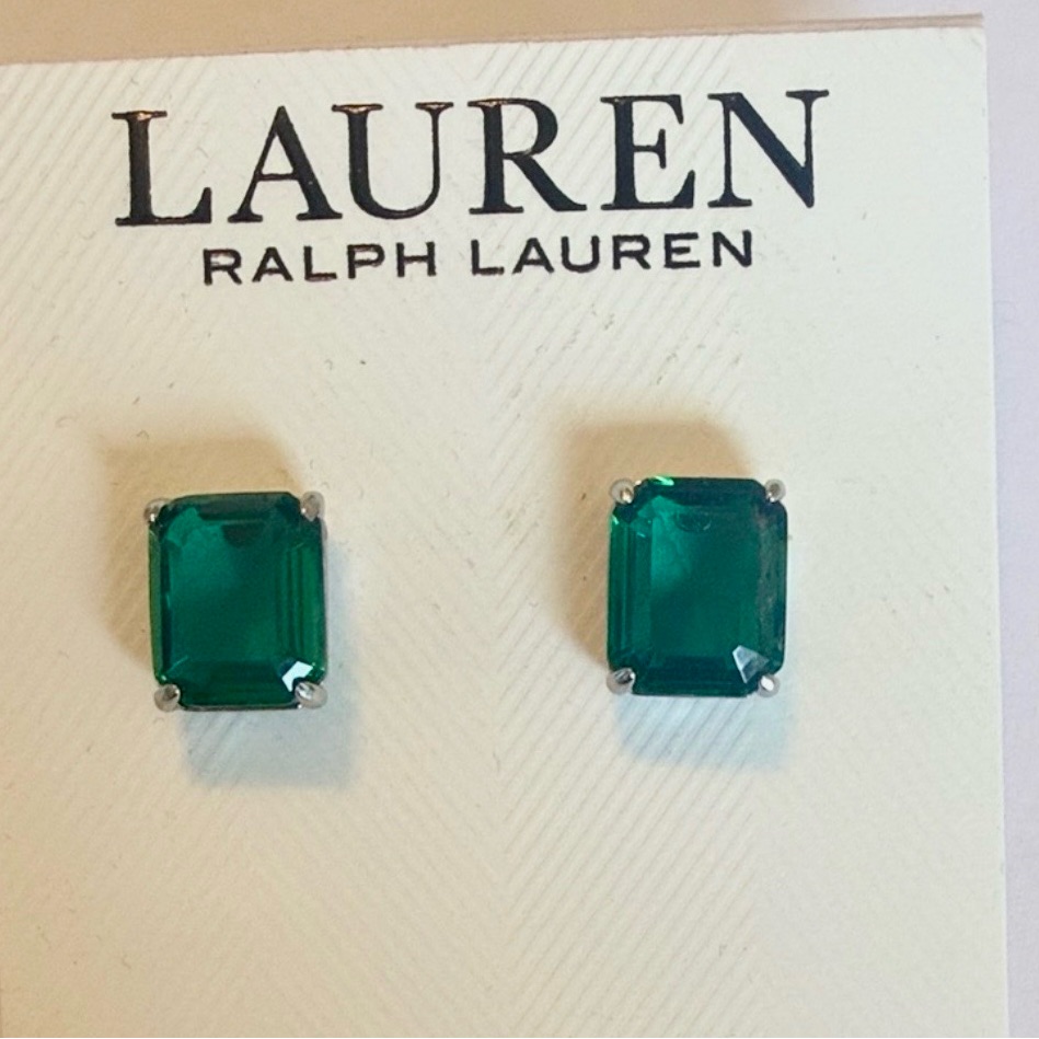 Lauren Ralph Lauren Emerald Cut Stud Post Earrings Green Crystal Silver Tone 35$